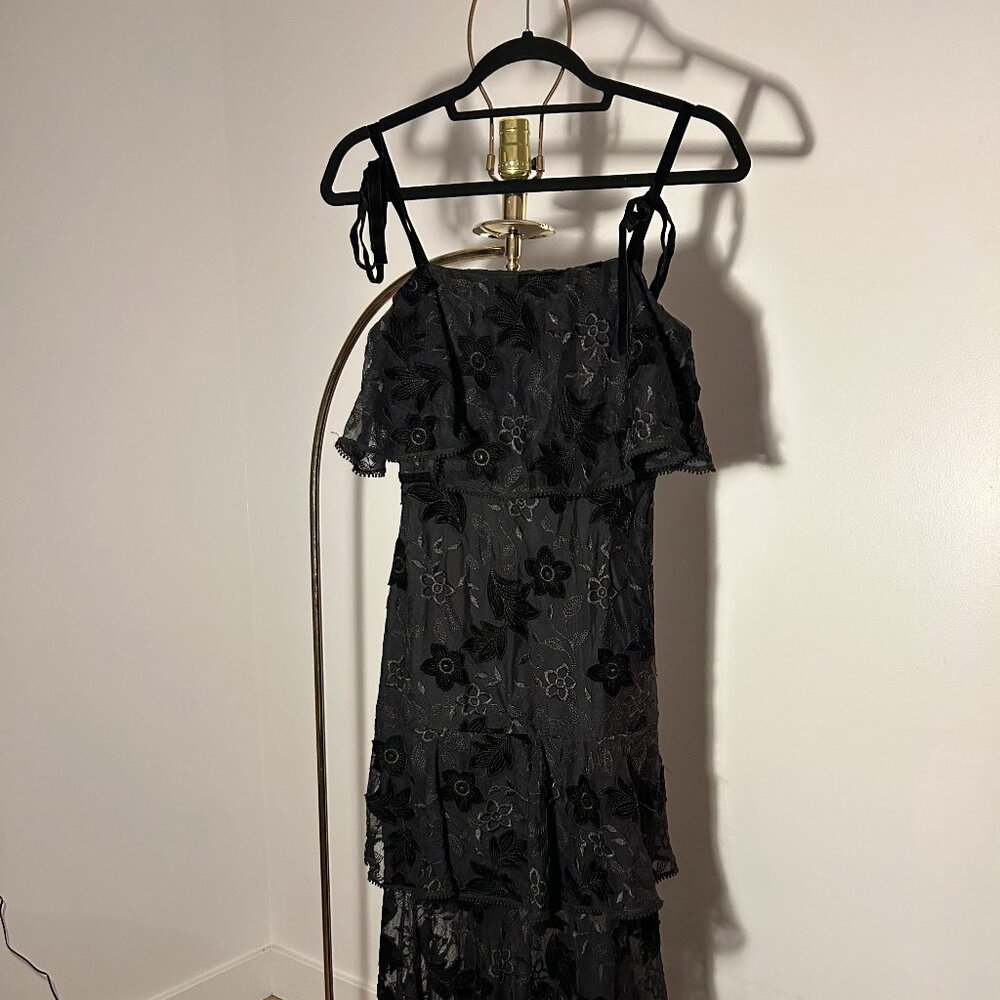 ML Monique Lhuillier Evening Gown Black Floral Print US 2